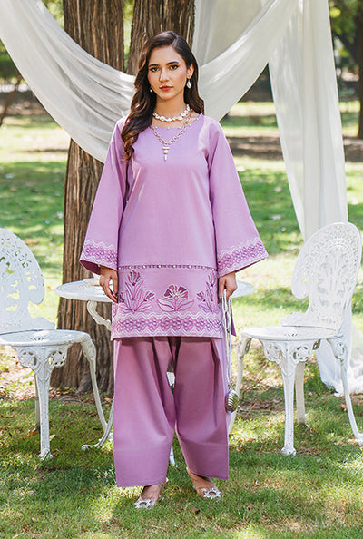 Lilac lawn dress with embroidery and Farshi Shalwar — perfect for summer season and everyday wear.