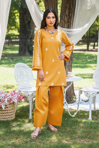 Mustard lawn dress with shower embroidery on front with Farshi Shalwar — perfect RTW for summer season and day-to-day wear also emblished with ocean pearls.

