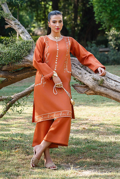 Woman in a rust embroidered outfit standing outdoors & wearing RTW Outfit by sehrish kanwal top brand in pakistan.